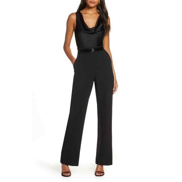 Eliza J Pants - Eliza J Crepe Jumpsuit 0 Cowl Neck Pockets Beaded